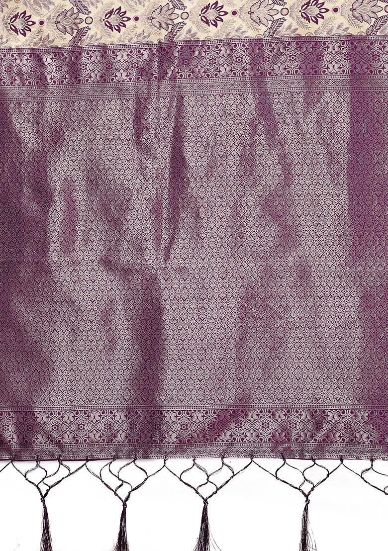 Cream And Purple Woven Silk Sarees - Indya