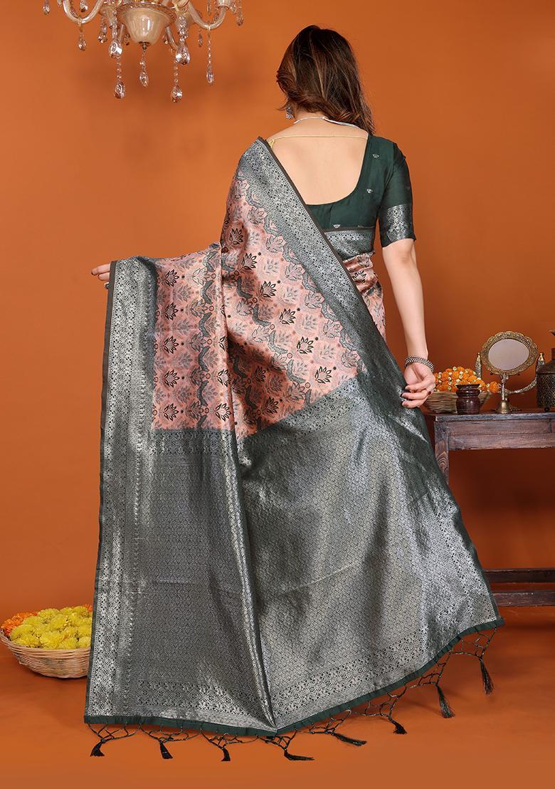 Orange And Green Woven Silk Sarees - Indya