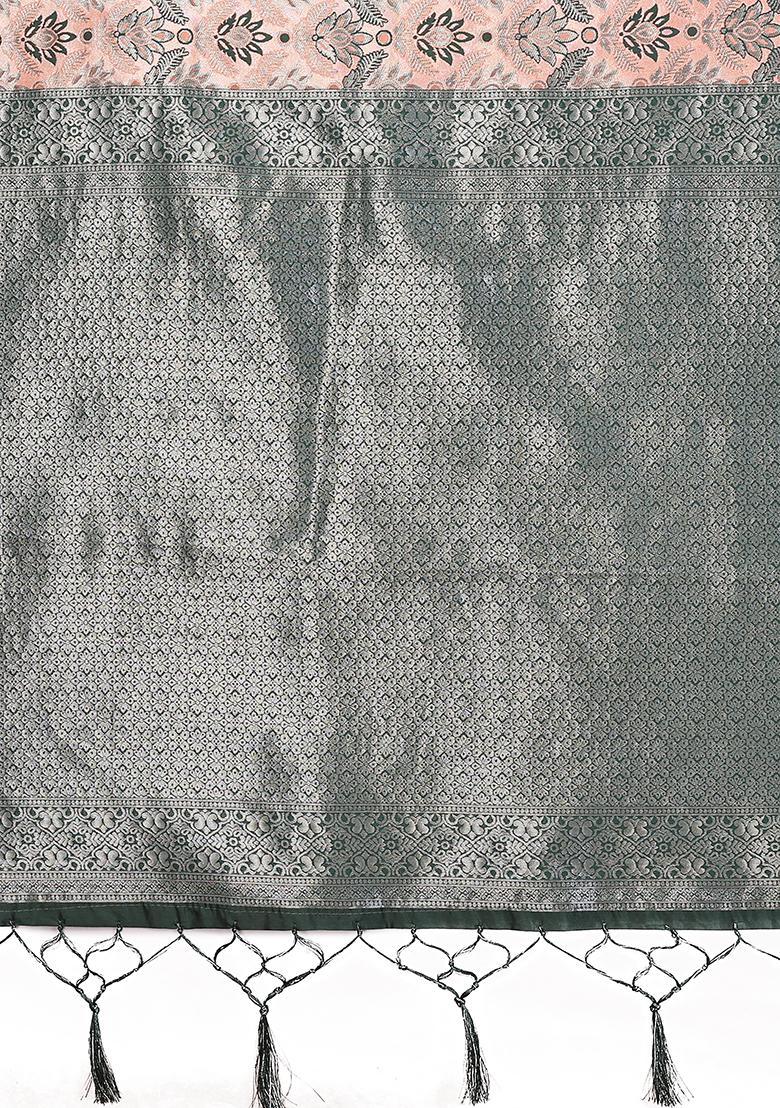 Orange And Green Woven Silk Sarees - Indya