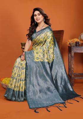Yellow And Light Blue Woven Silk Sarees