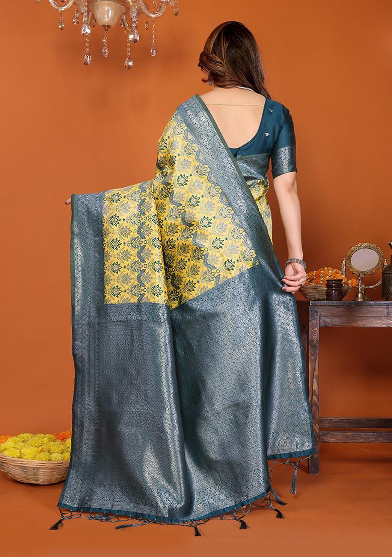 Yellow And Light Blue Woven Silk Sarees - Indya