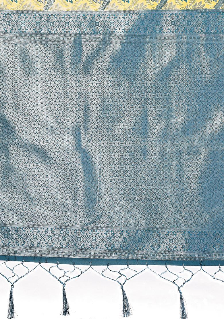 Yellow And Light Blue Woven Silk Sarees - Indya