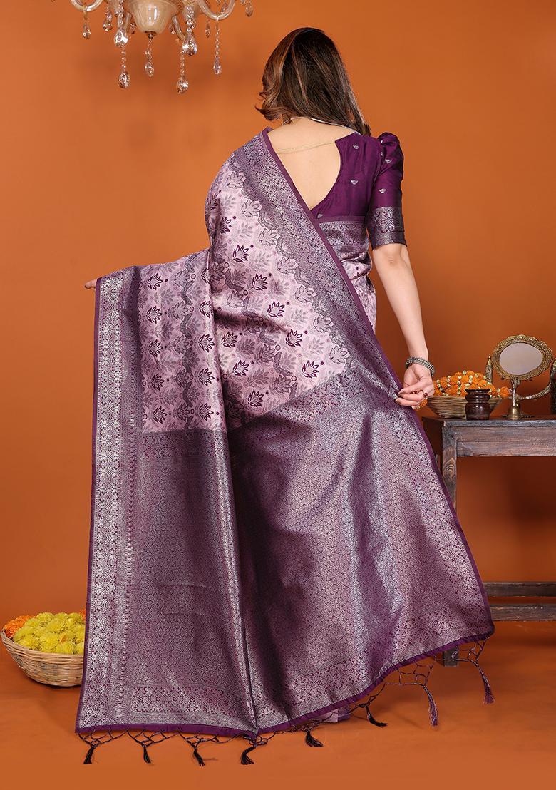 Pink And Purple Woven Silk Sarees - Indya