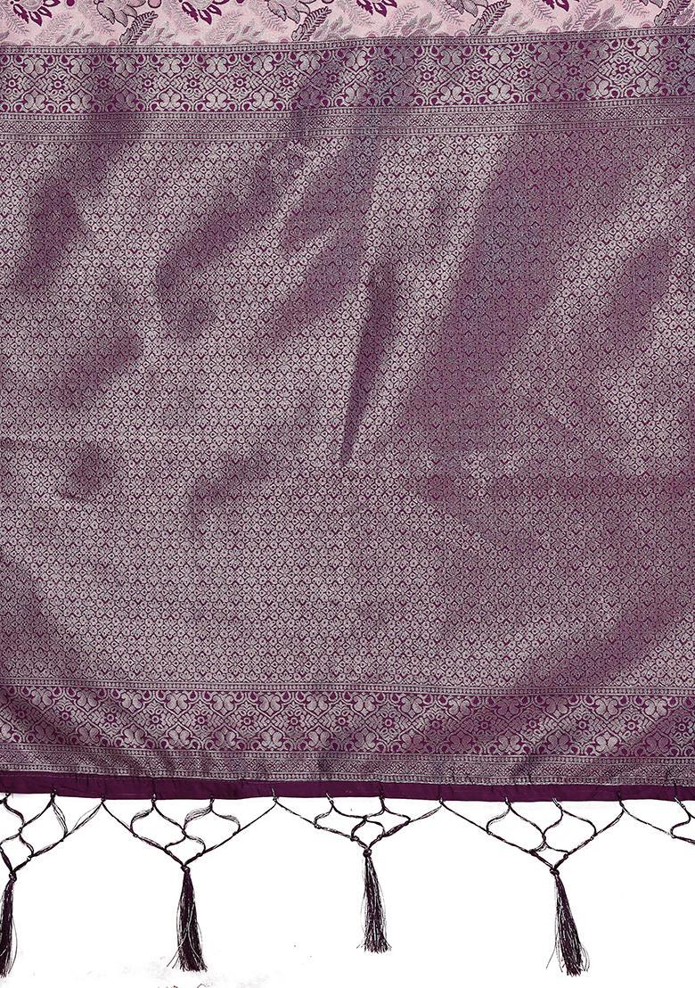 Pink And Purple Woven Silk Sarees - Indya