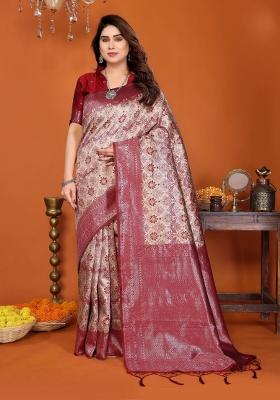 Cream And Red Woven Silk Sarees