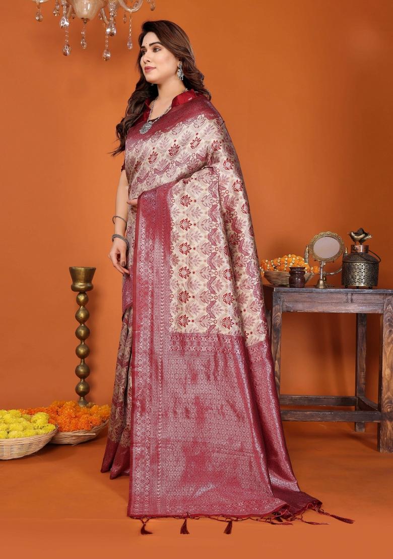 Cream And Red Woven Silk Sarees - Indya