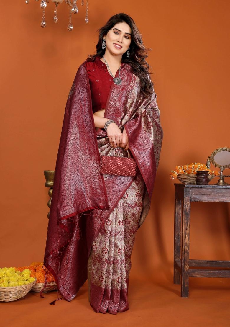 Cream And Red Woven Silk Sarees - Indya