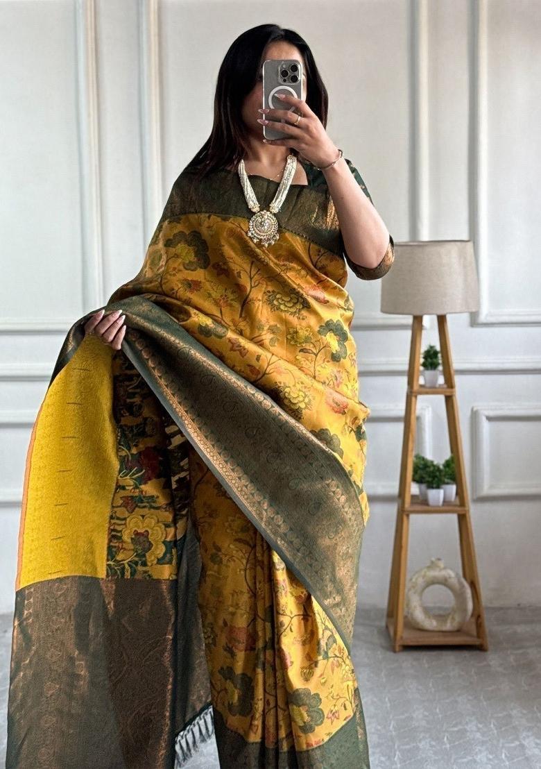 Yellow And Green Woven Silk Sarees - Indya