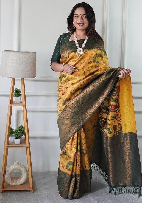 Yellow And Green Woven Silk Sarees