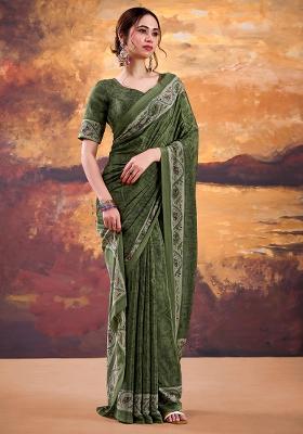 Mehendi Printed Crepe Saree Set