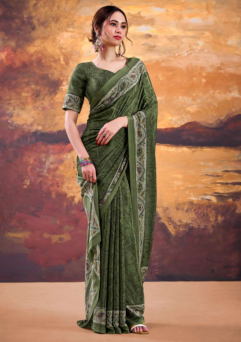 Mehendi Printed Crepe Saree Set for Diwali and Festive Wear - Indya