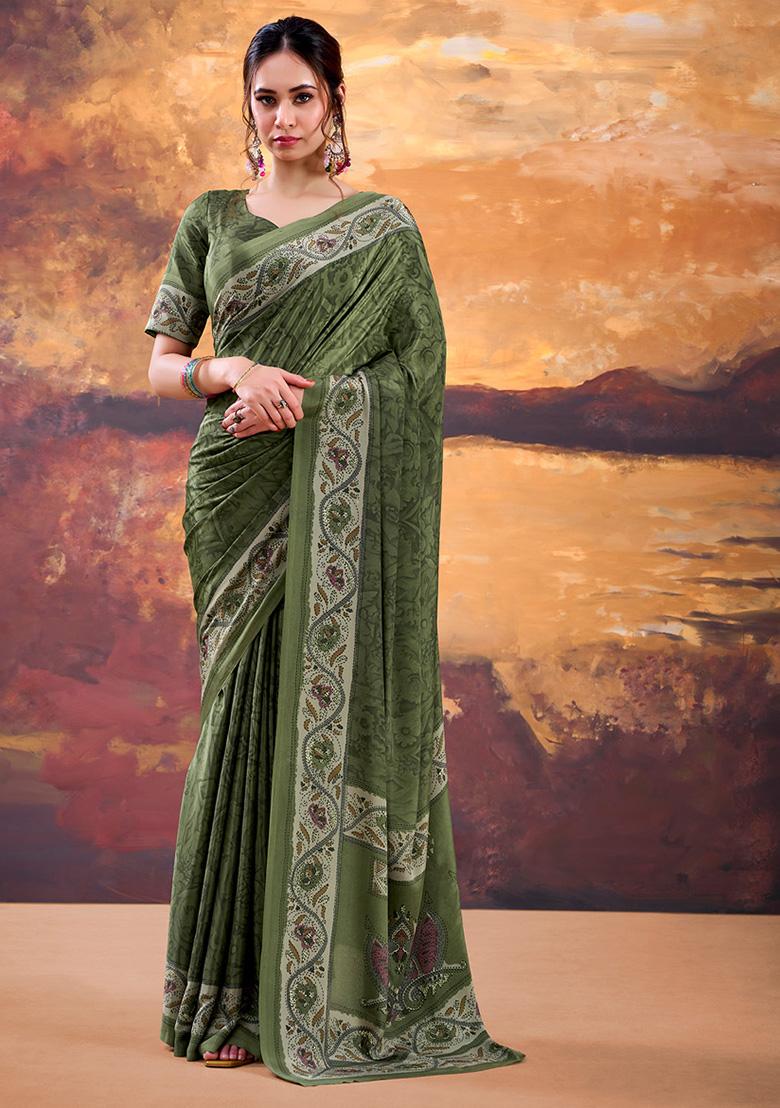 Mehendi Printed Crepe Saree Set - Indya