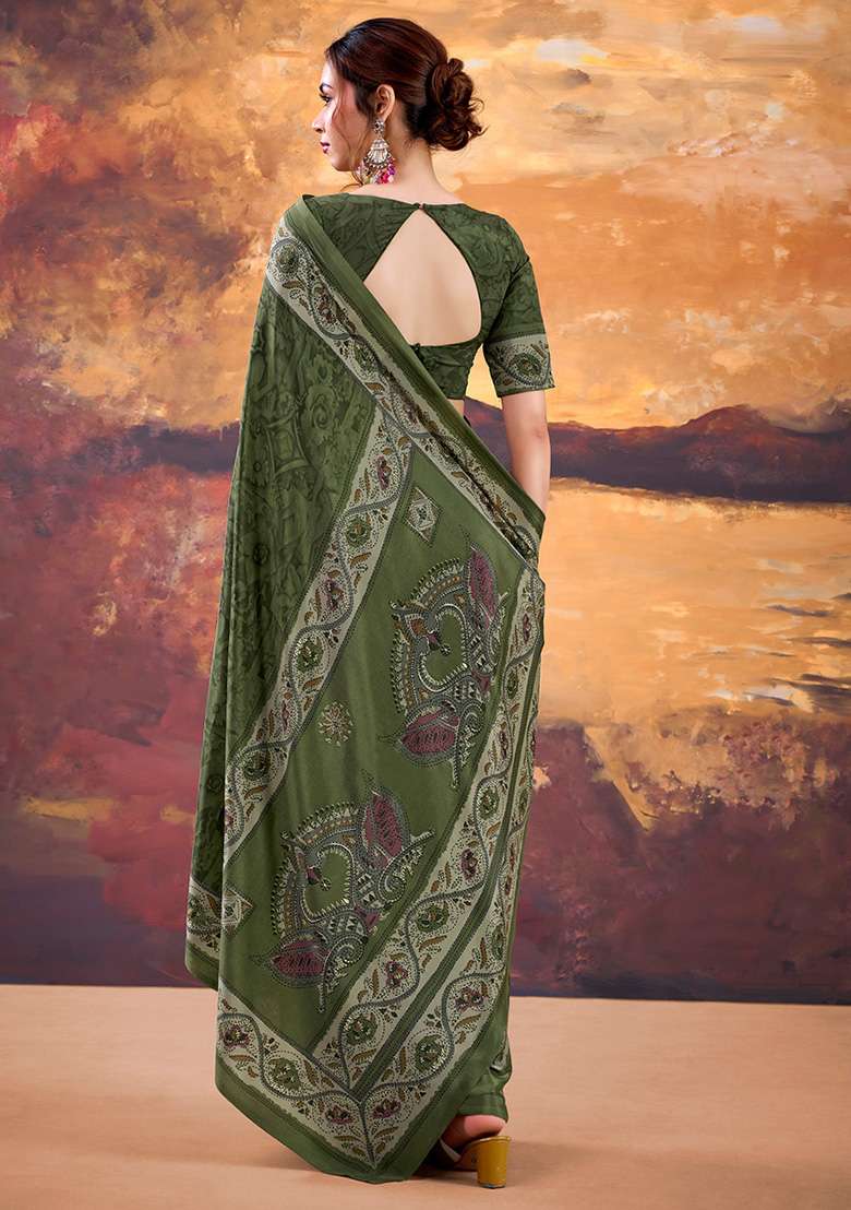 Mehendi Printed Crepe Saree Set for Diwali and Festive Wear - Indya