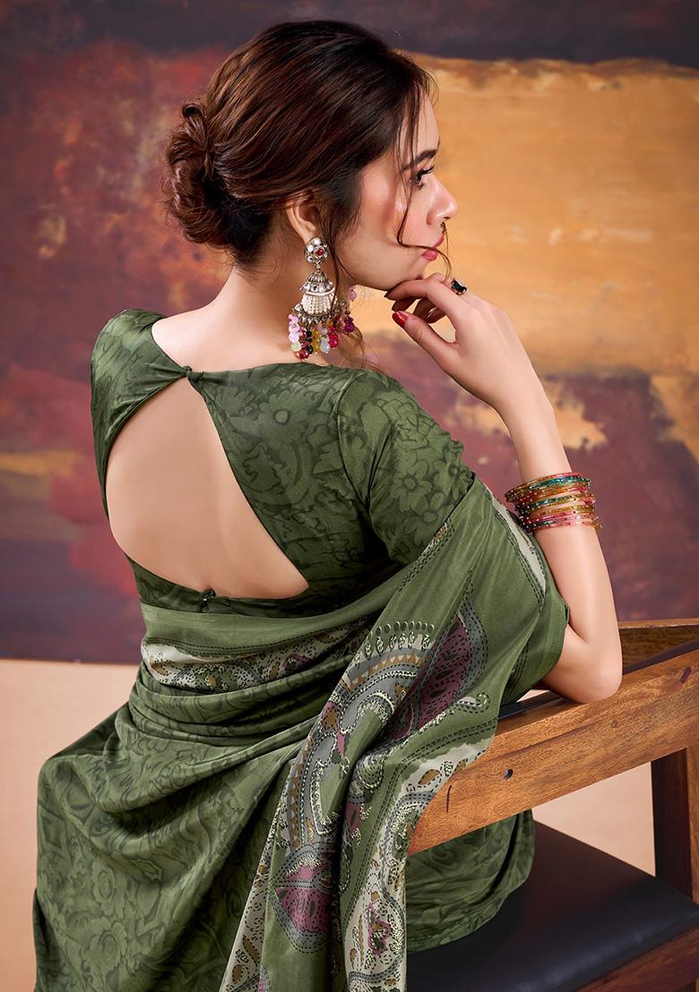 Mehendi Printed Crepe Saree Set - Indya