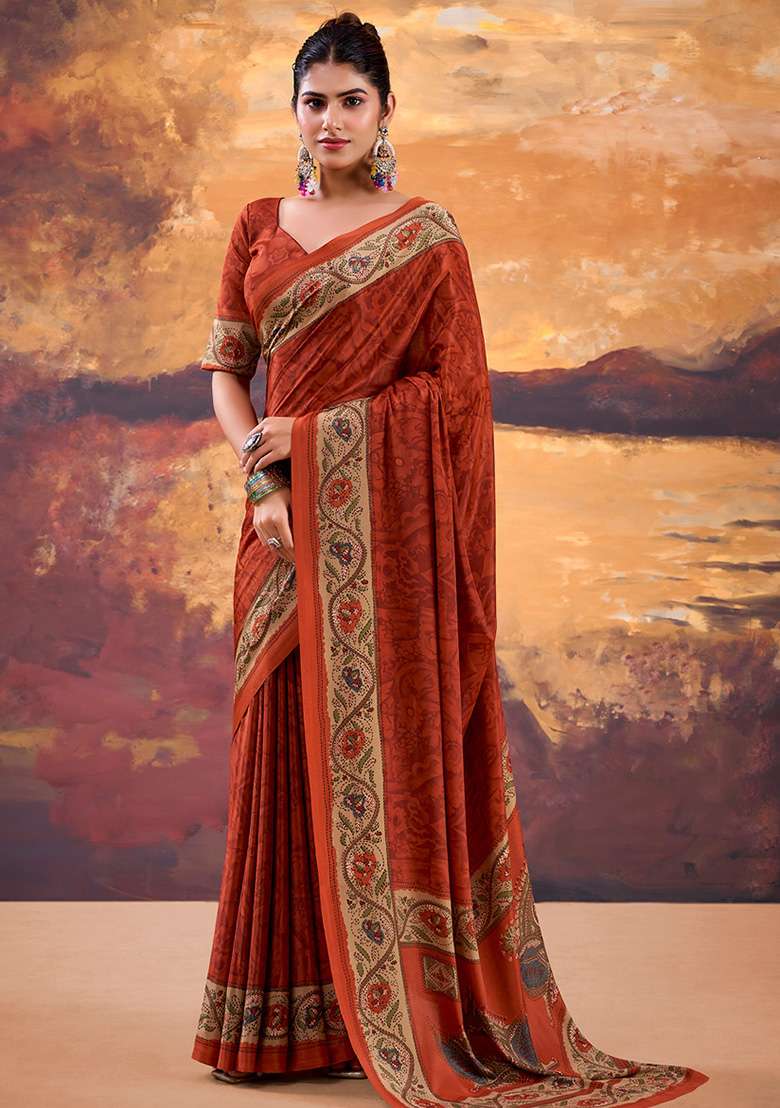 Rust Orange Printed Crepe Saree Set for Diwali and Festive Wear - Indya