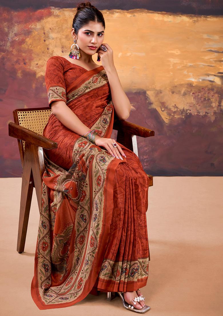 Rust Orange Printed Crepe Saree Set - Indya