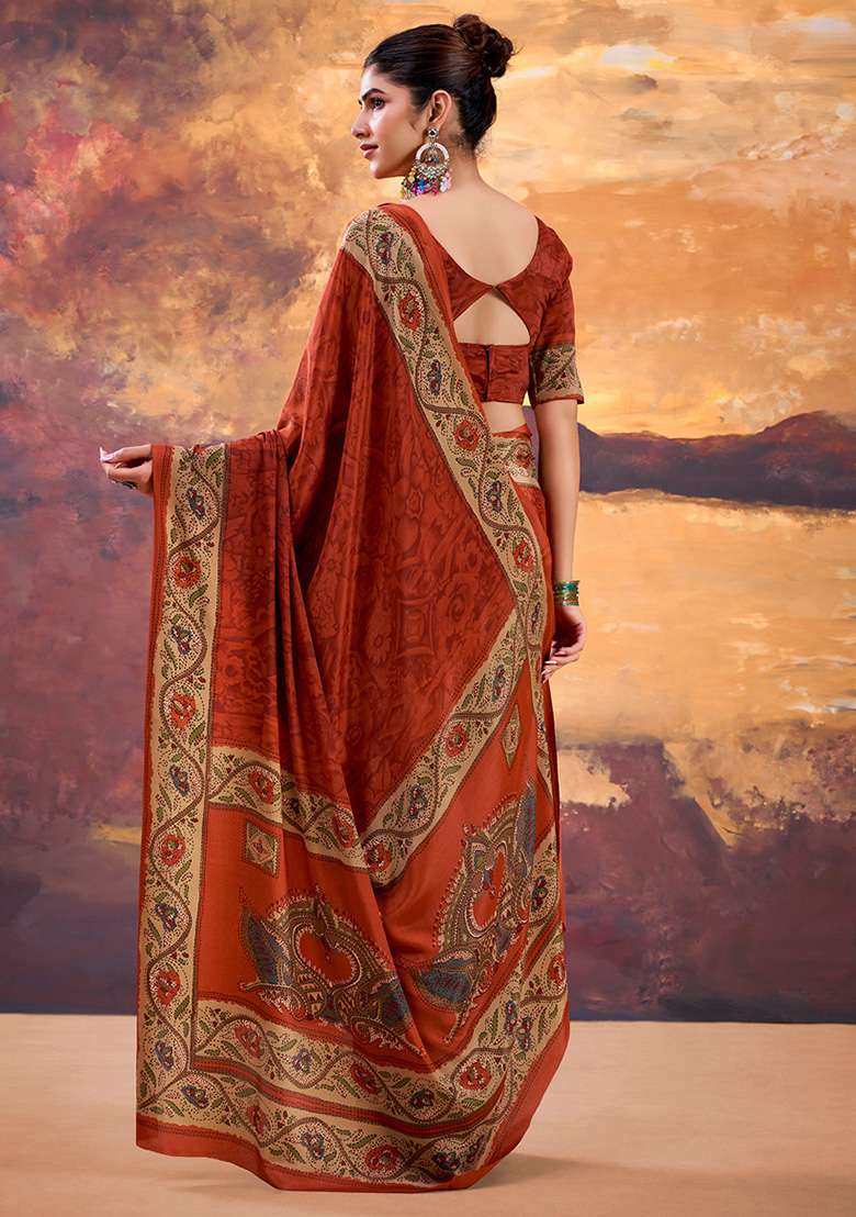 Rust Orange Printed Crepe Saree Set for Diwali and Festive Wear - Indya
