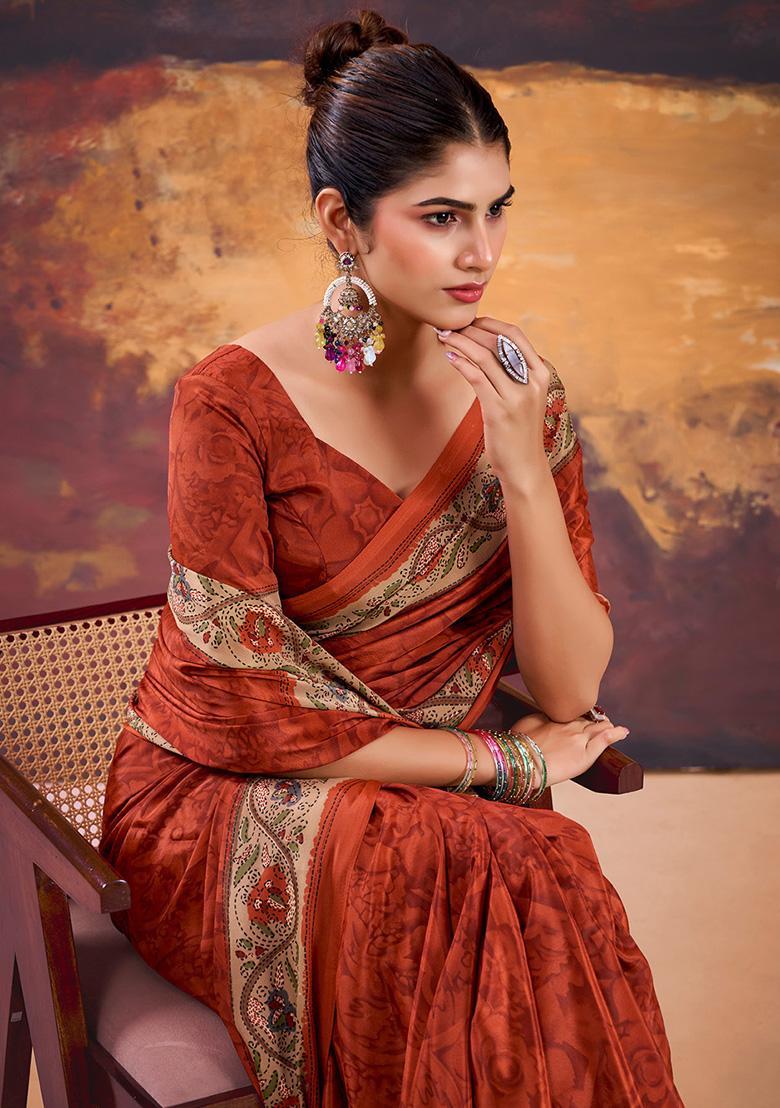 Rust Orange Printed Crepe Saree Set - Indya