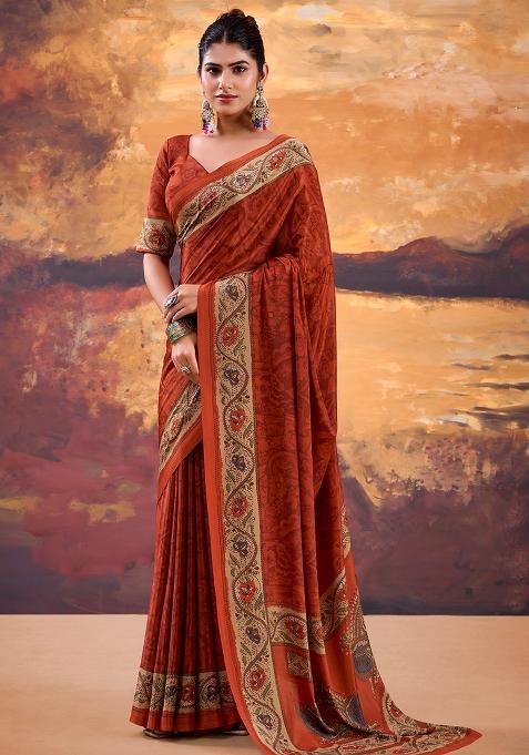 Rust Orange Printed Crepe Saree Set