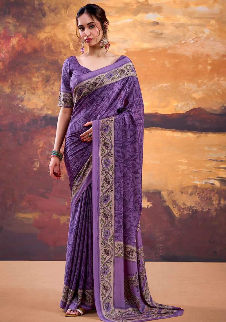 Purple Printed Crepe Saree Set for Diwali and Festive Wear - Indya