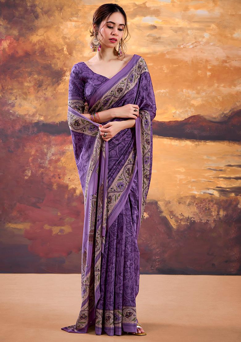 Purple Printed Crepe Saree Set - Indya