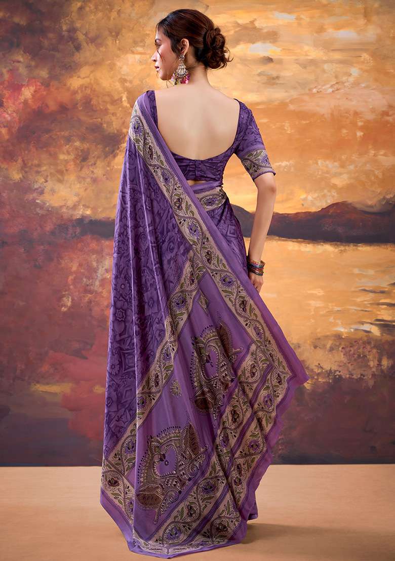 Purple Printed Crepe Saree Set for Diwali and Festive Wear - Indya