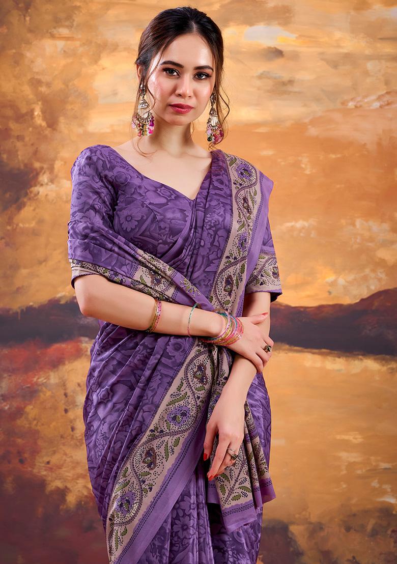Purple Printed Crepe Saree Set - Indya