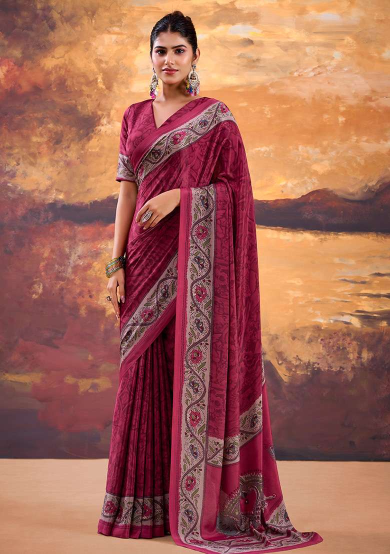 Magenta Pink Printed Crepe Saree Set for Diwali and Festive Wear - Indya