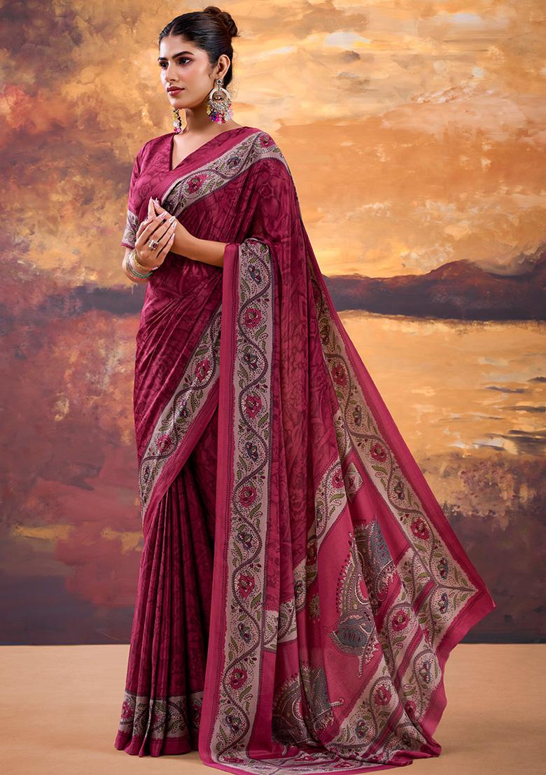 Magenta Pink Printed Crepe Saree Set - Indya