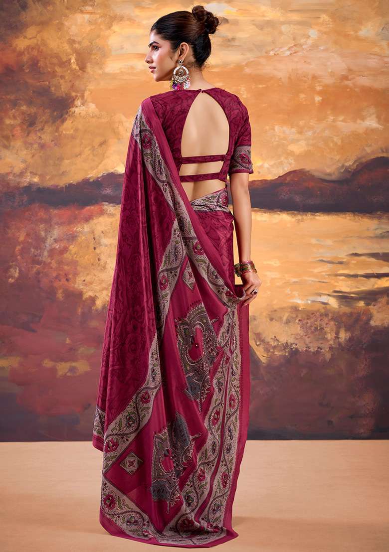 Magenta Pink Printed Crepe Saree Set for Diwali and Festive Wear - Indya