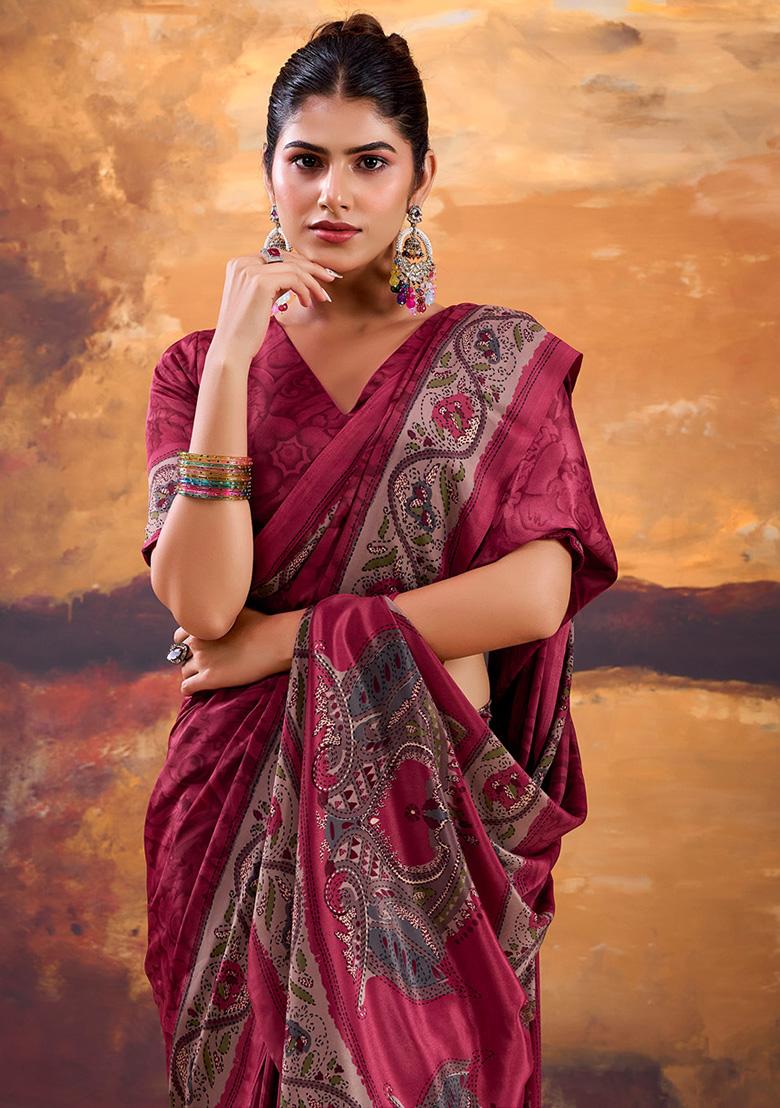 Magenta Pink Printed Crepe Saree Set - Indya