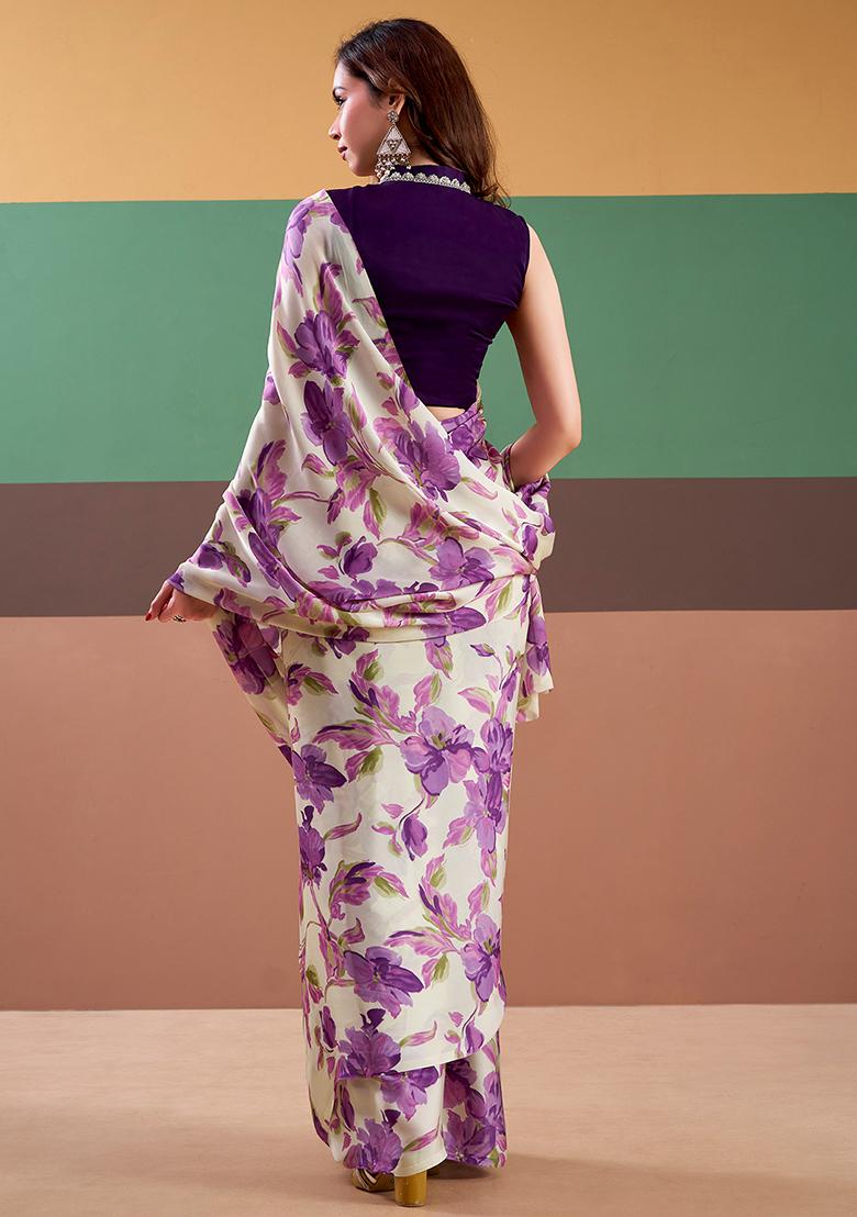 Purple Printed Silk Saree Set - Indya