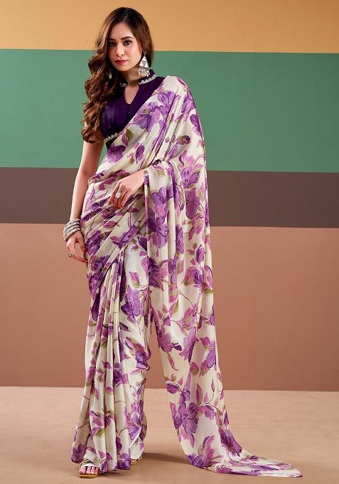 Purple Printed Silk Saree Set