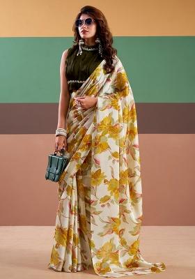 Yellow Printed Silk Saree Set