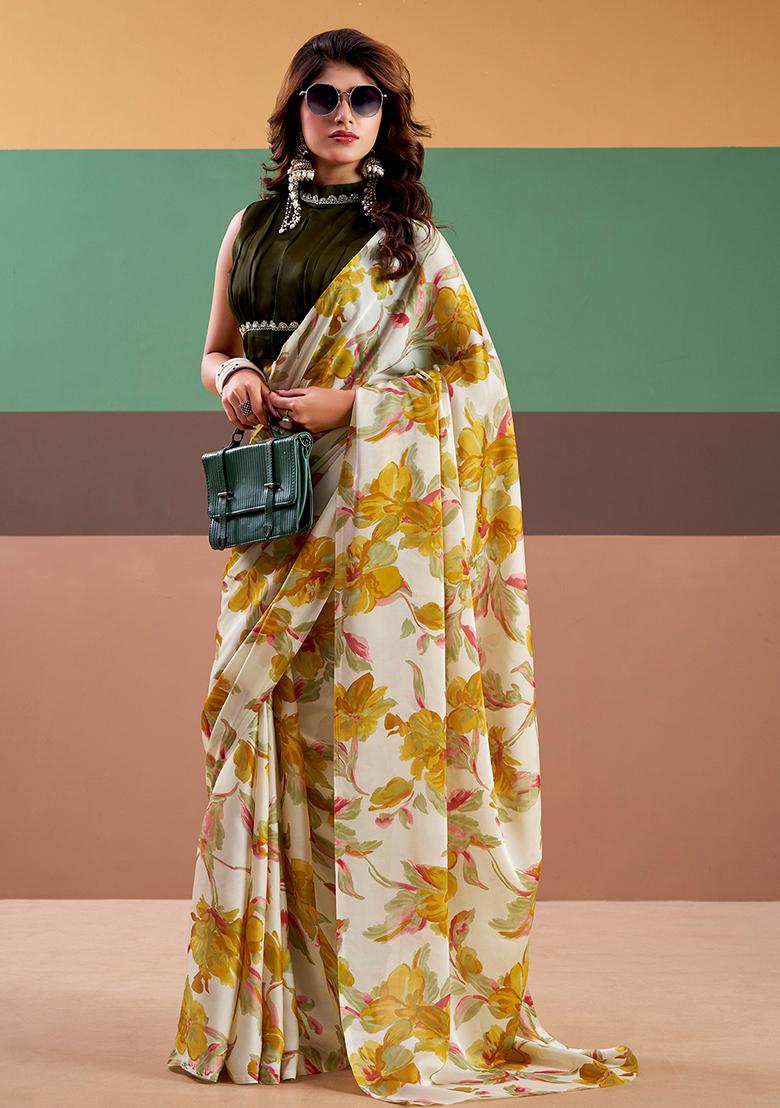 Yellow Printed Silk Saree Set - Indya