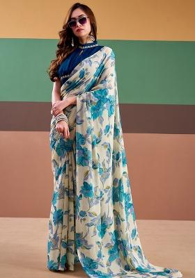 Sky Blue Printed Silk Saree Set