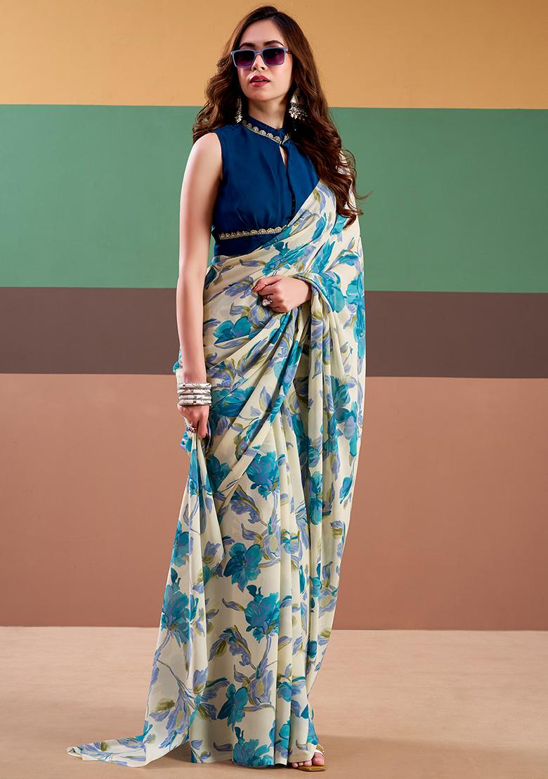 Sky Blue Printed Silk Saree Set - Indya