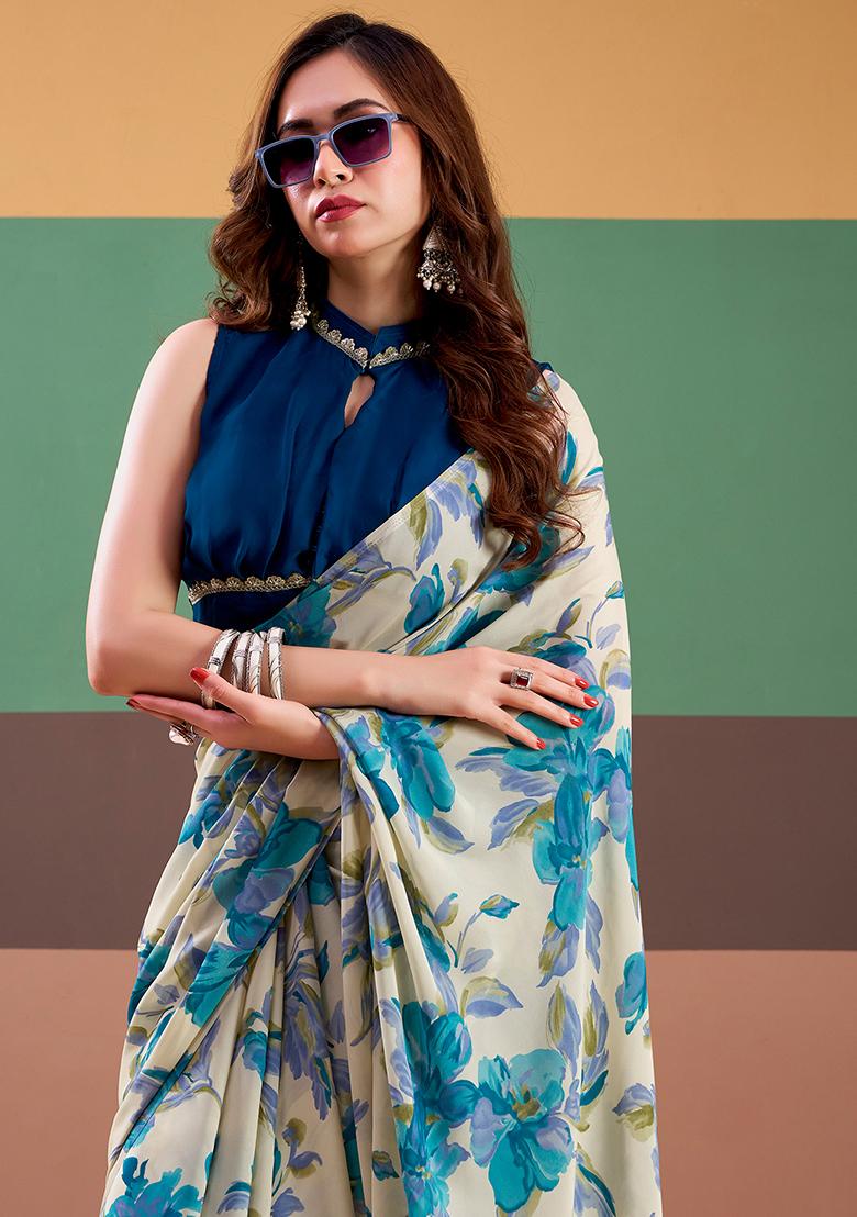 Sky Blue Printed Silk Saree Set - Indya