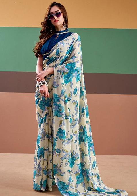 Sky Blue Printed Silk Saree Set