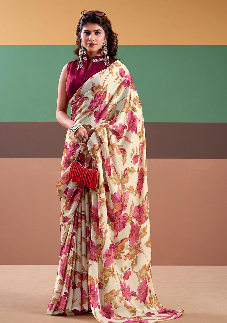 Pink Printed Silk Saree Set - Indya