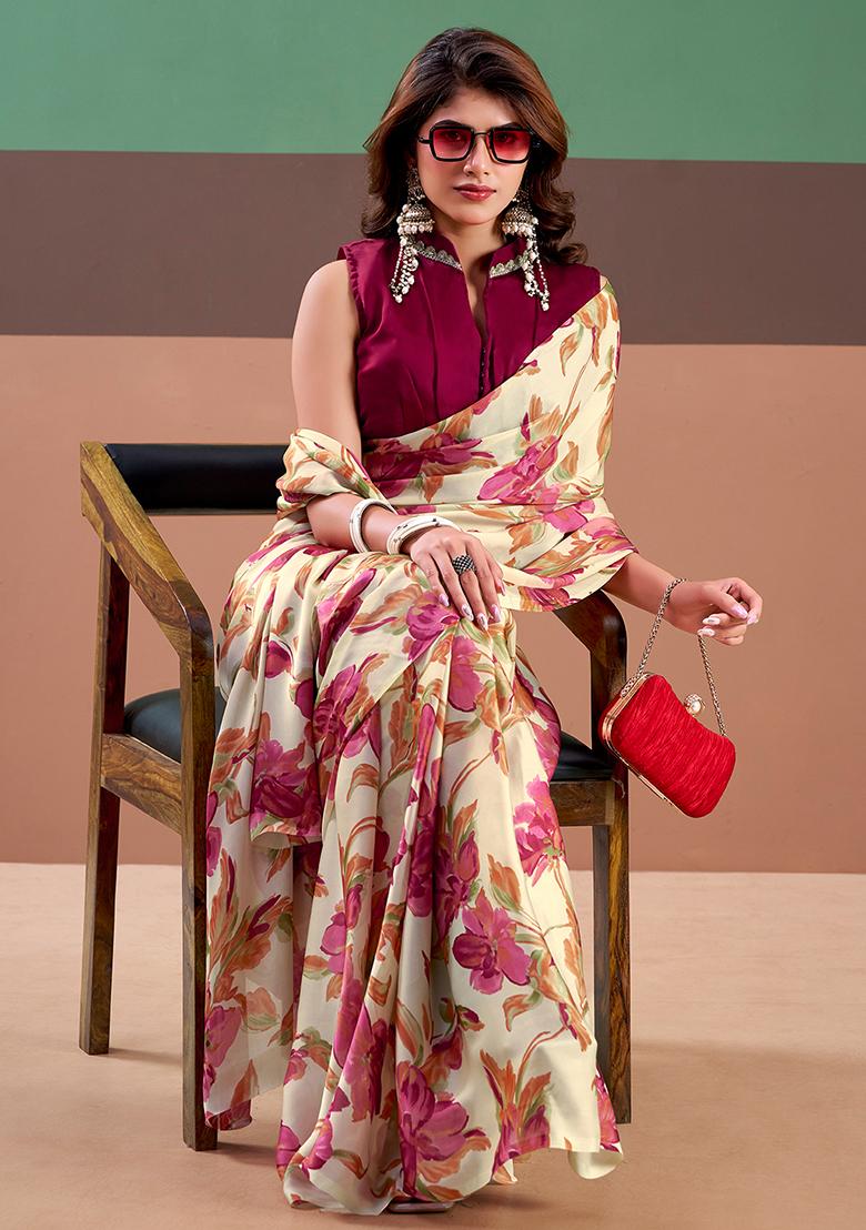 Pink Printed Silk Saree Set - Indya