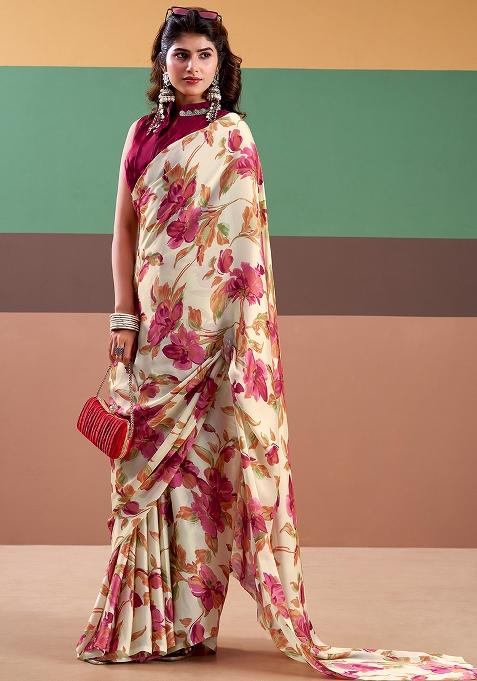 Pink Printed Silk Saree Set