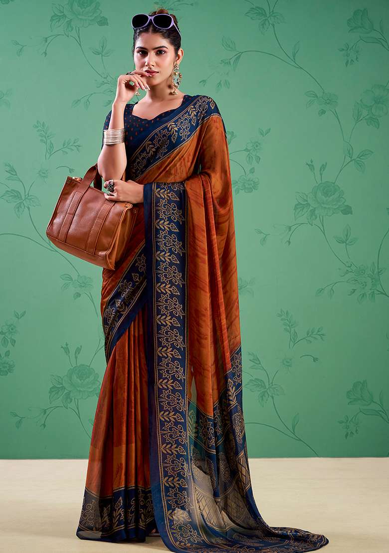 Rust Orange Printed Silk Blend Saree Set for Diwali and Festive Wear - Indya