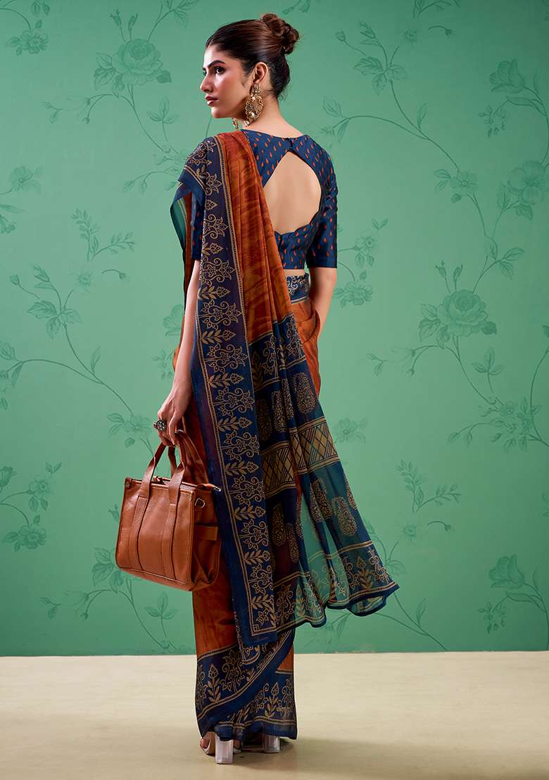 Rust Orange Printed Silk Blend Saree Set for Diwali and Festive Wear - Indya