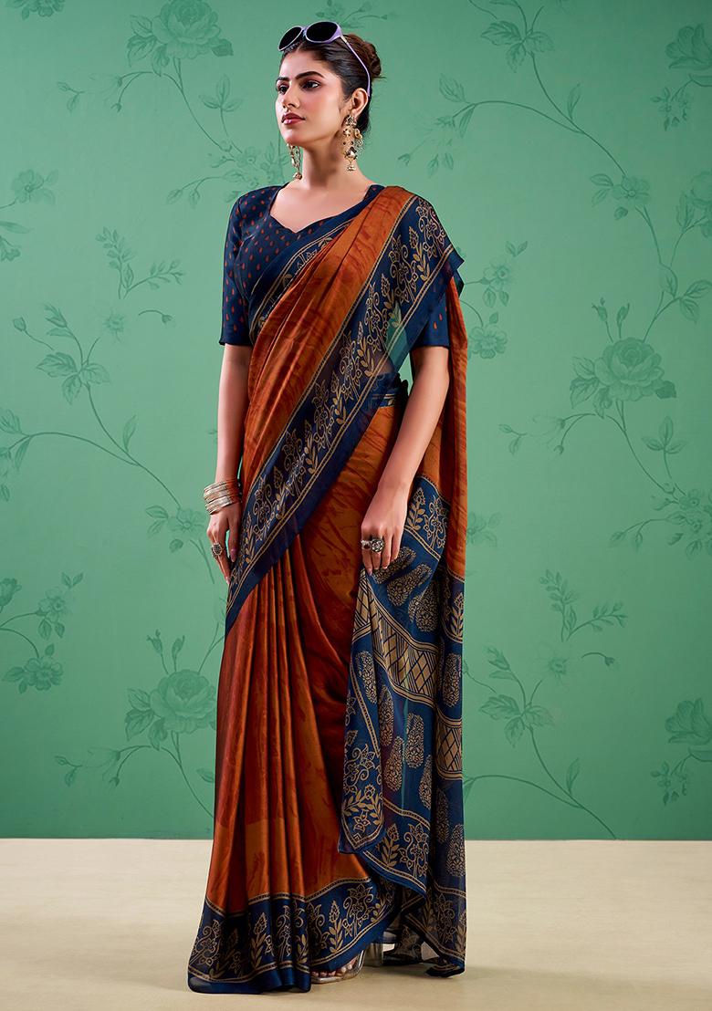 Rust Orange Printed Silk Saree Set - Indya