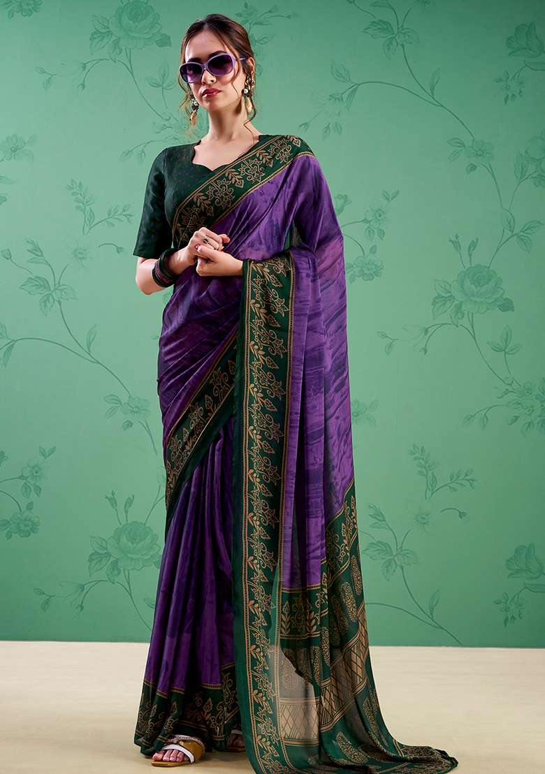 Purple Printed Silk Blend Saree Set for Diwali and Festive Wear - Indya