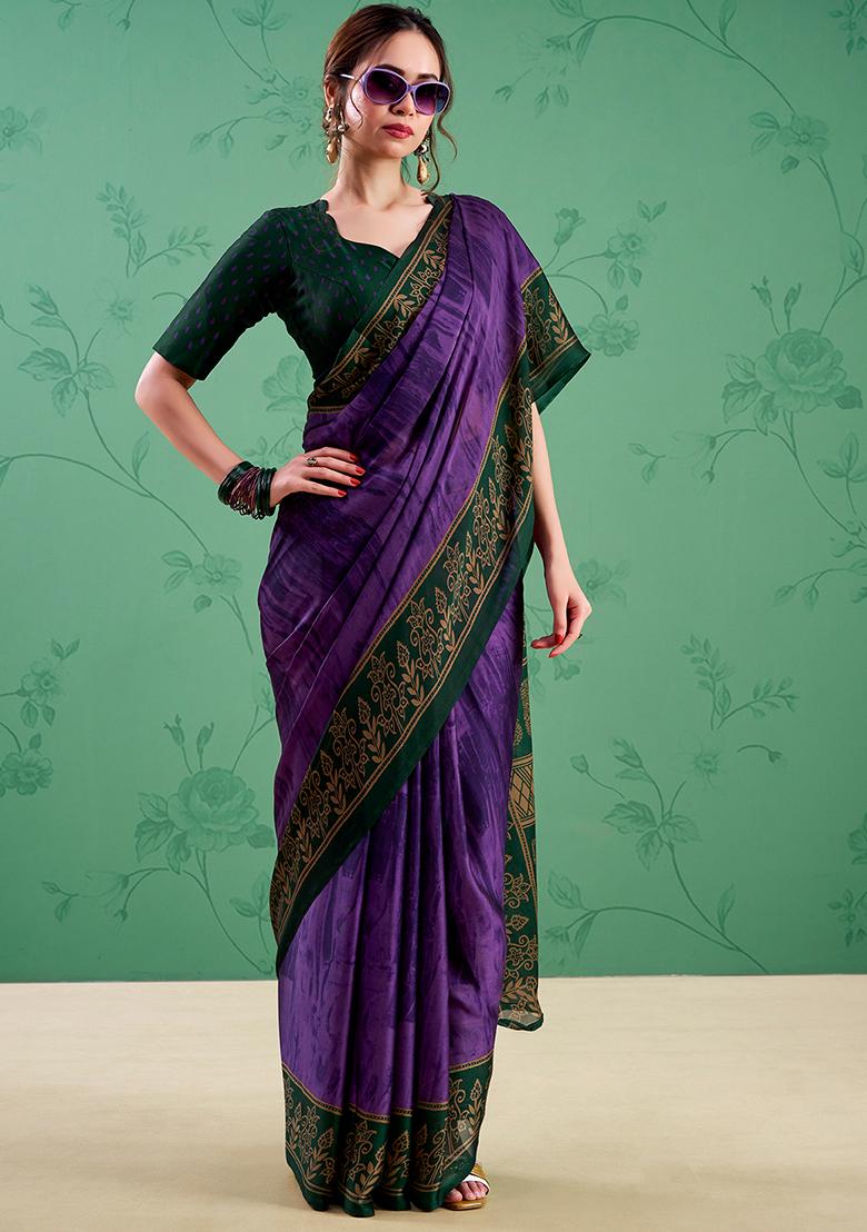 Purple Printed Silk Saree Set - Indya