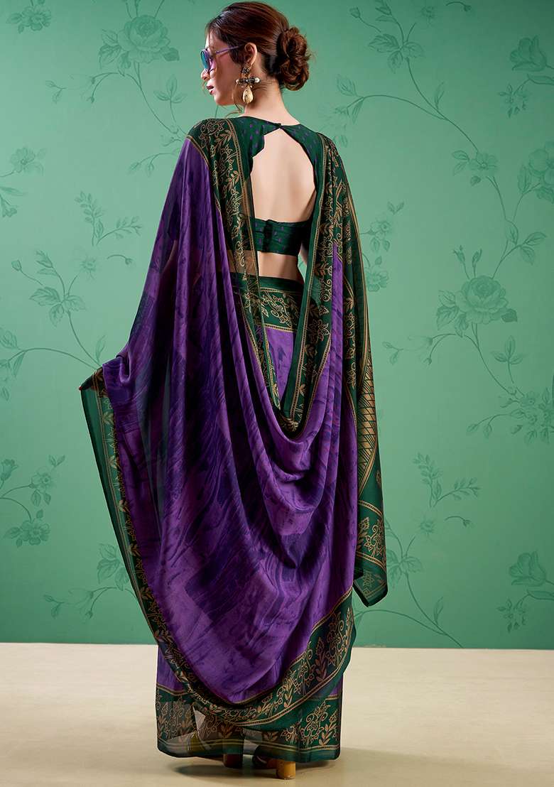 Purple Printed Silk Blend Saree Set for Diwali and Festive Wear - Indya