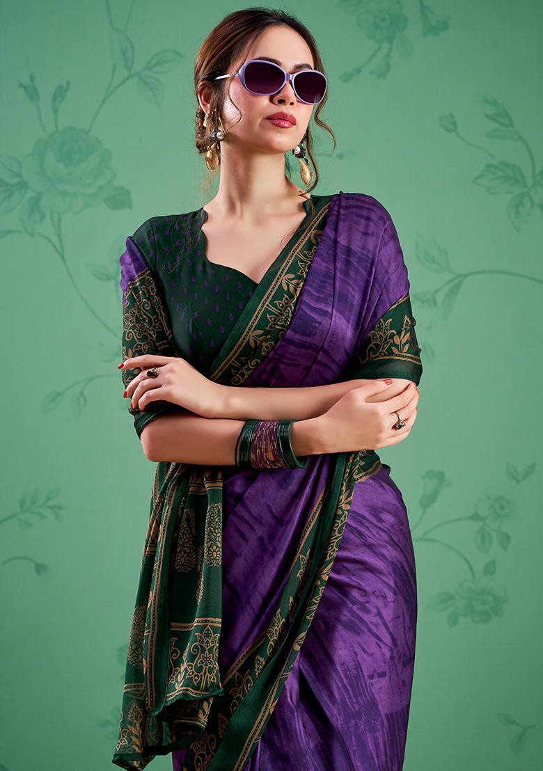 Purple Printed Silk Saree Set - Indya