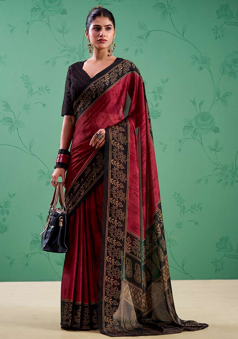 Maroon Silk Blend Saree Set with Printed for Diwali | Wedding & Festive Wear - Indya